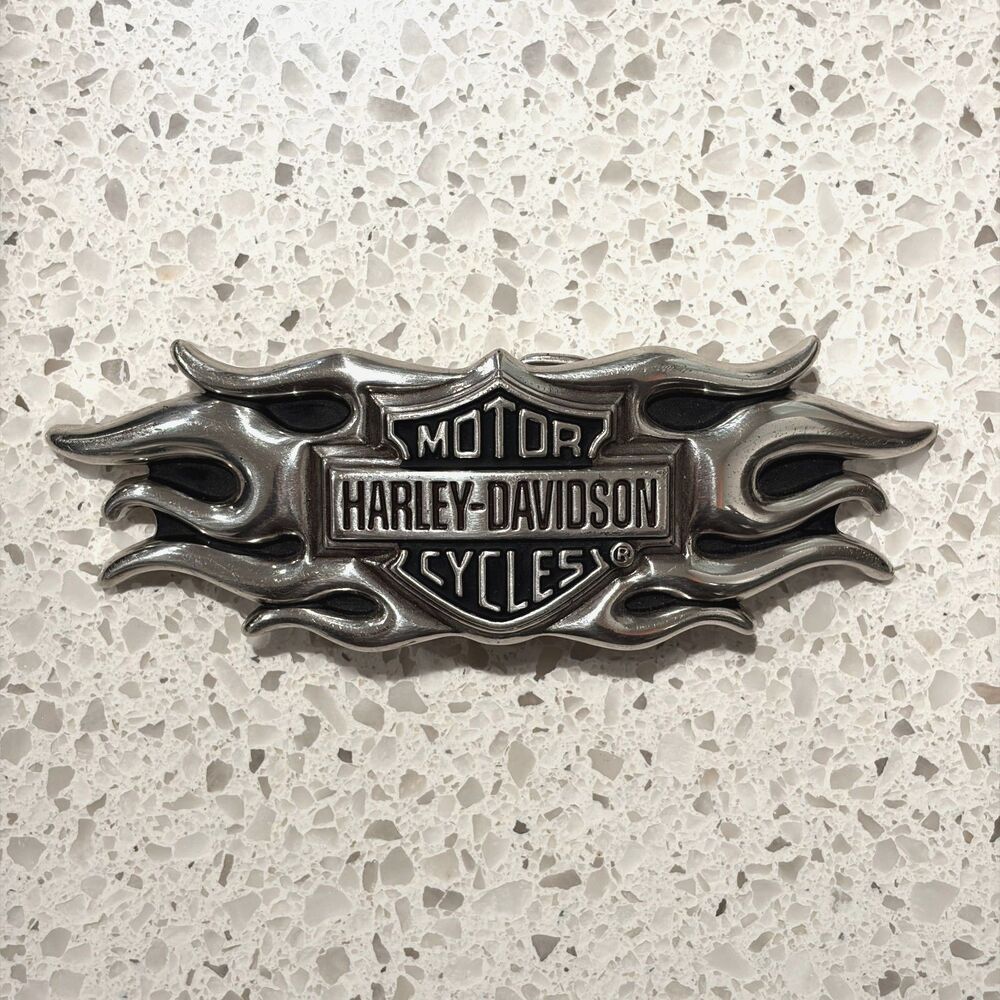RARE Vintage Y2K Belt Buckle HARLEY DAVIDSON Motorcycle Flames Chrome Metal